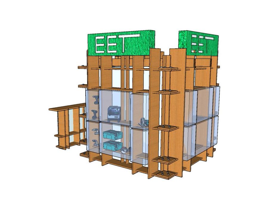 Stand expozițional cu rafturi din lemn şi plexi