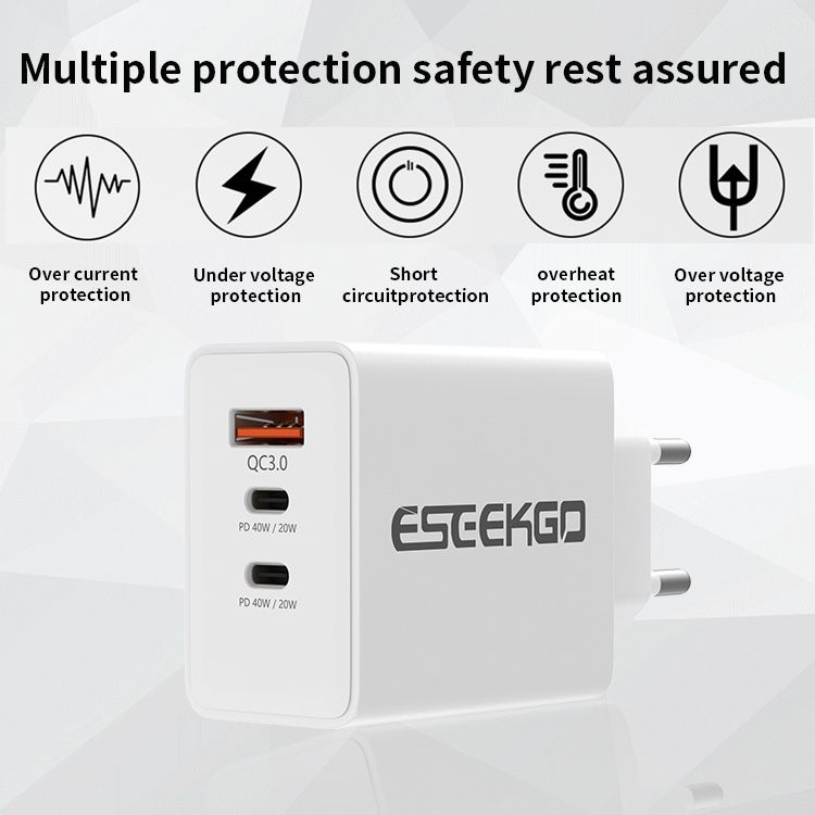 3-в-1 Бързо Зарядно Адаптер: USB Type A и Двоен USB Type C (40W/20W)