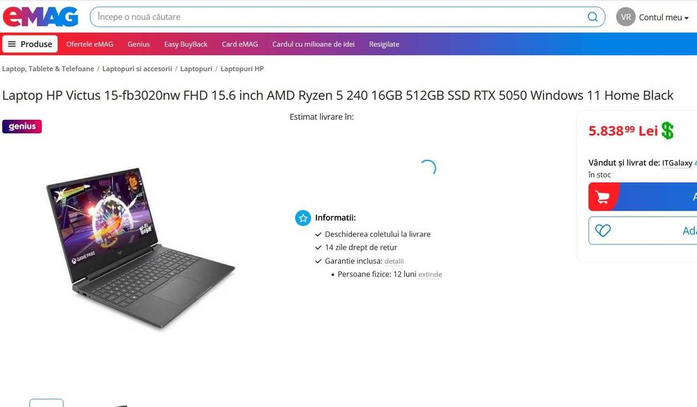 Gaming HP VICTUS 2025 Ryzen AI 5 340 16GB 512SSD RTX5050 sigilat cutie