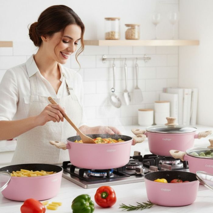 Cheffinger - Розов комплект тенджери, с мраморно покритие, здравословн