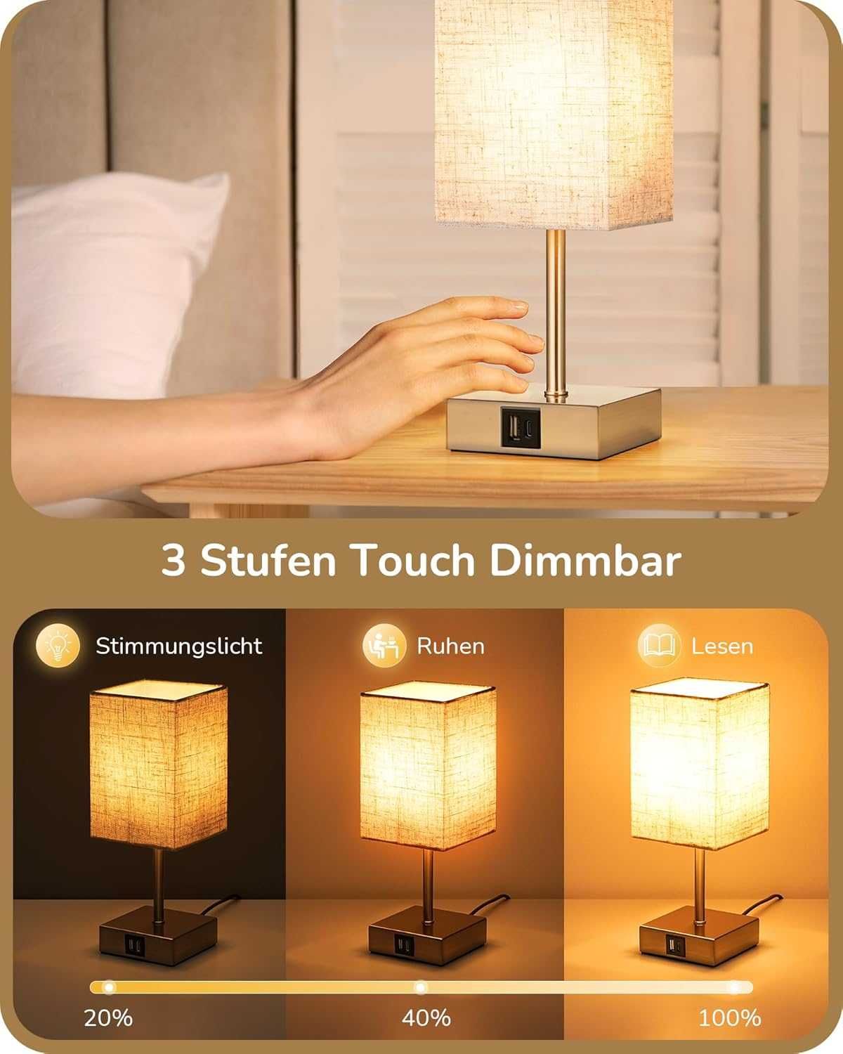 НОВИ! LED нощни лампи с USB зареждане, димируеми с докосване, 2бр/к-кт