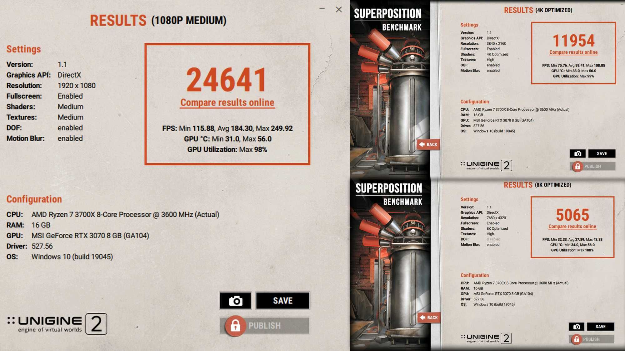 GeForce RTX 3070 GAMING X TRIO Furmark Superposition 8K JOCURI TESTE