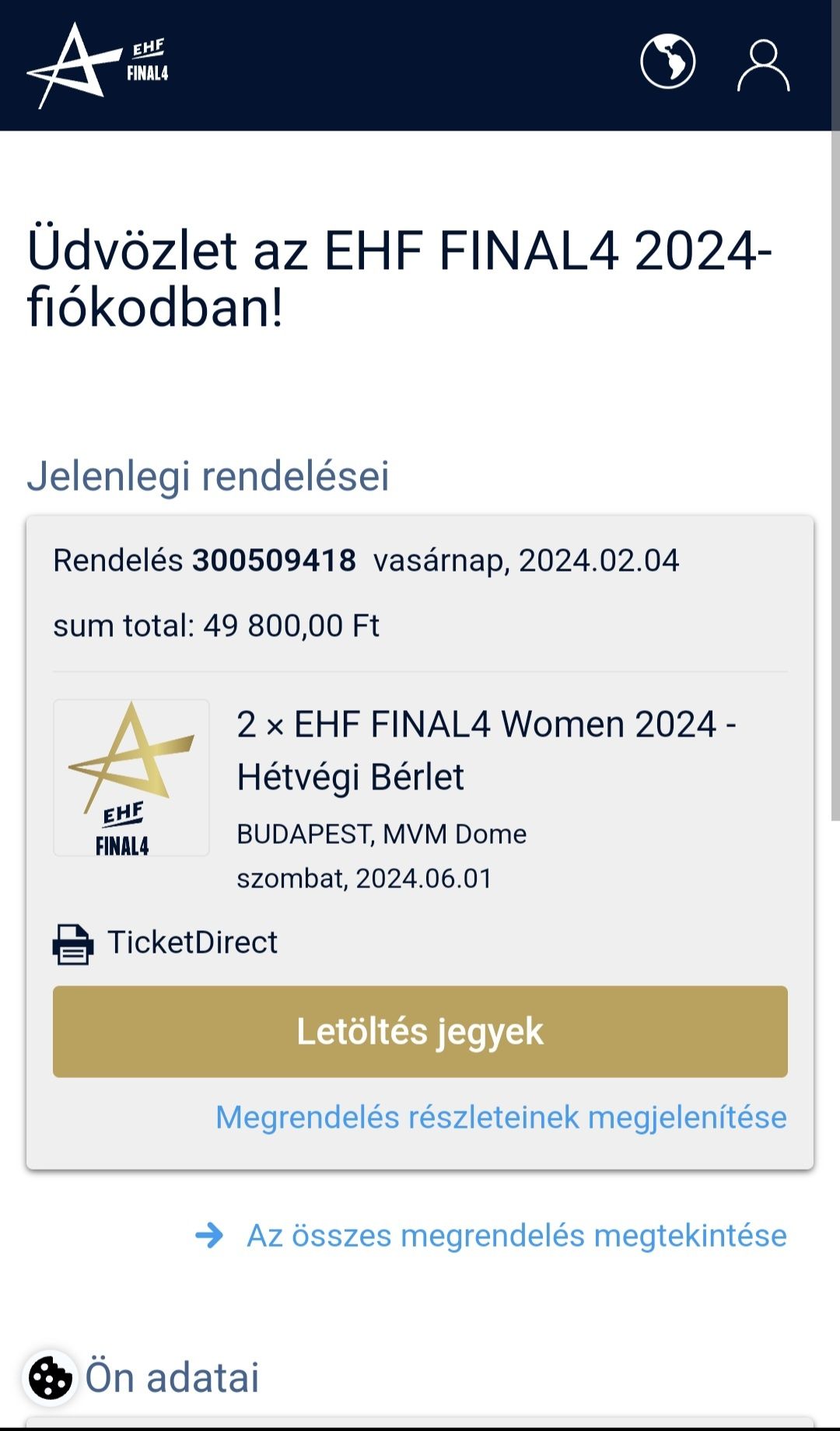 2 Bilete Final 4 Handbal feminin, Budapesta