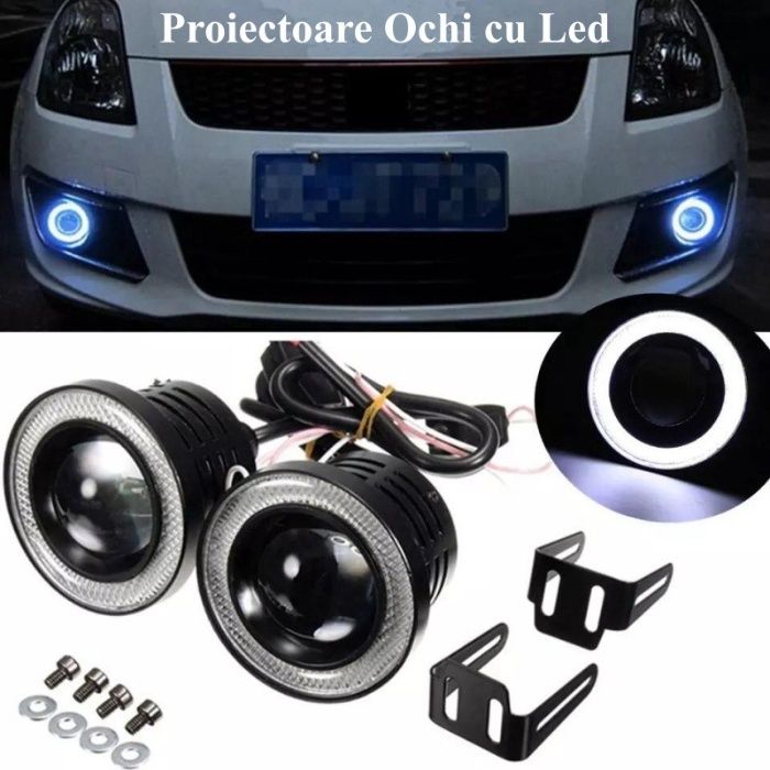 Set 2 Proiectoare ceata universale Lupa LED Angel Eyes 64mm 76mm 89mm