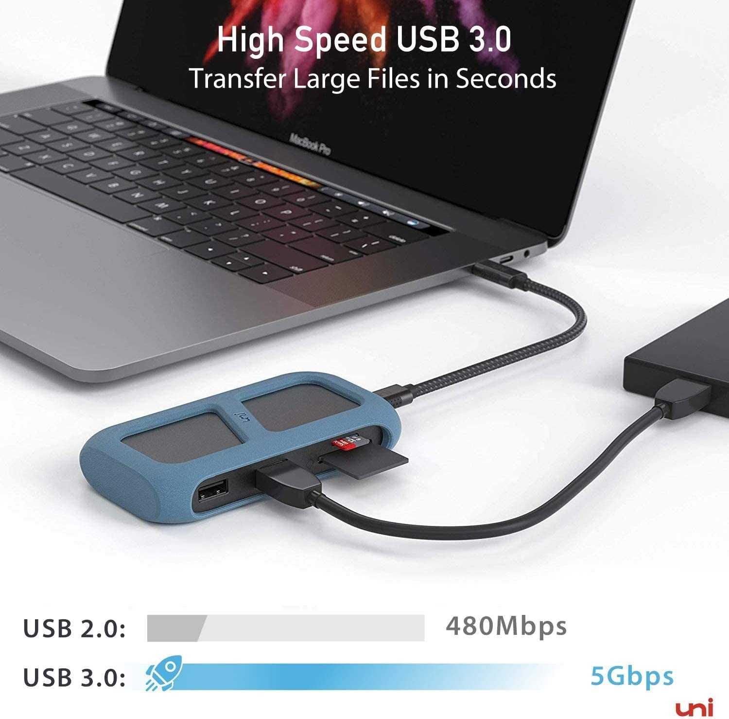 uni USB-C 8-in-1 Hub със снемаем USB-C кабел