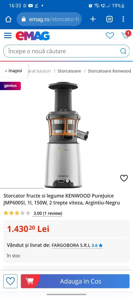 Storcator fructe si legume KENWOOD PureJuice JMP600SI, 1l, 150W, 2 tre