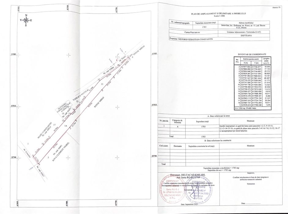 Vând teren 1783 mp intravilan situat în comuna Dofteana