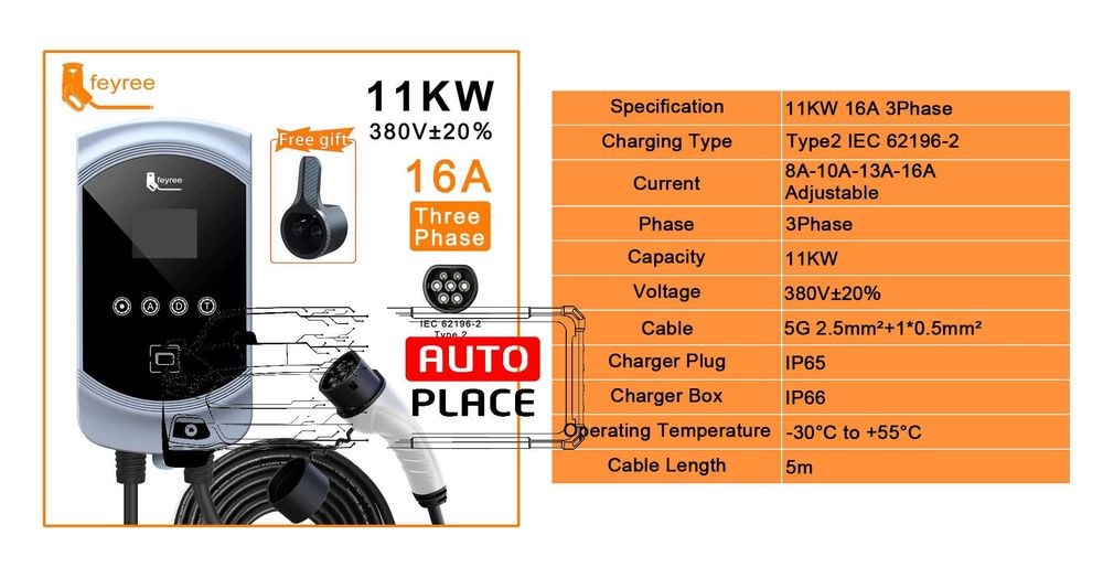 Разпродажба! Трифазно Стенно Зарядно Feyree GEM EV-PRO Type 2 / 11kW