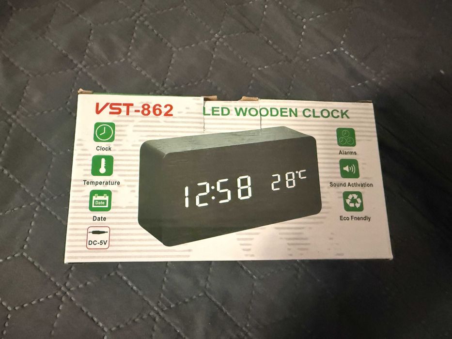Ceas De Birou Cu LED, Wood Style, Afisare Temperatura, Data, Lemn Maro