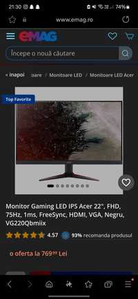 Monitor Gaming LED IPS ACER Nitro VG220Q 21.5", Full HD, 75Hz, FreeSyn