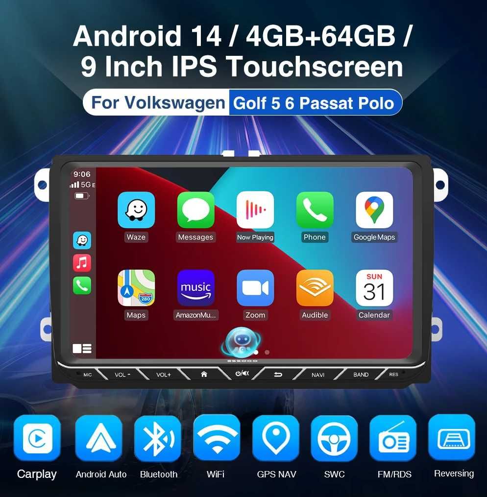 9” 2-DIN мултимедия за Volkswagen-SEAT-Skoda.   64GB ROM, RAM 4GB