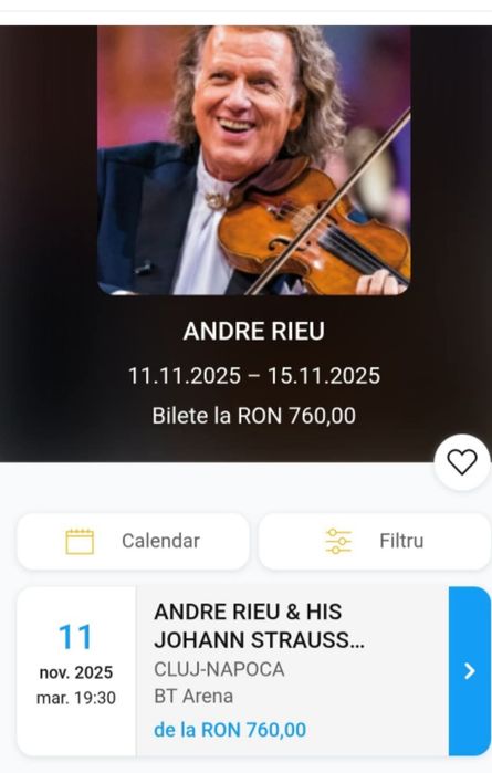 Vând două bilete Andre Rieu 1200 Ron în zona VIP