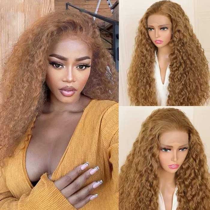 Дълга къдрава медено руса синтетична перука с дантела 13*4*1