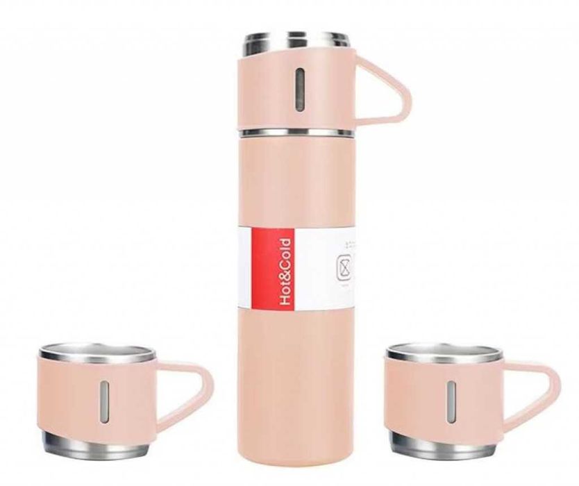 Подаръчен комплект термос с 3 чаши, зелен, розов, сив