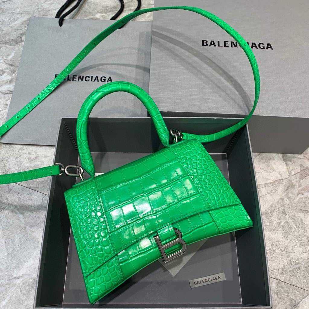 Balenciaga  Hourglass Small Top Handle Crocodile Bag Green Silver
