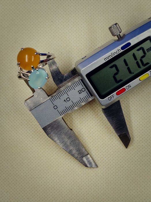 Inel argint rodiat cu calcedonie – duo portocaliu & albastru