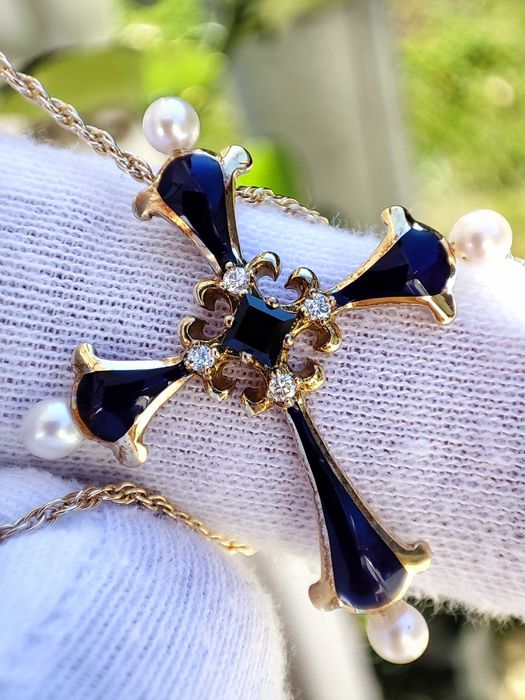 Faberge pandantiv Cruciulita Cruce Aur 14K  Email Diamante Safir Perle