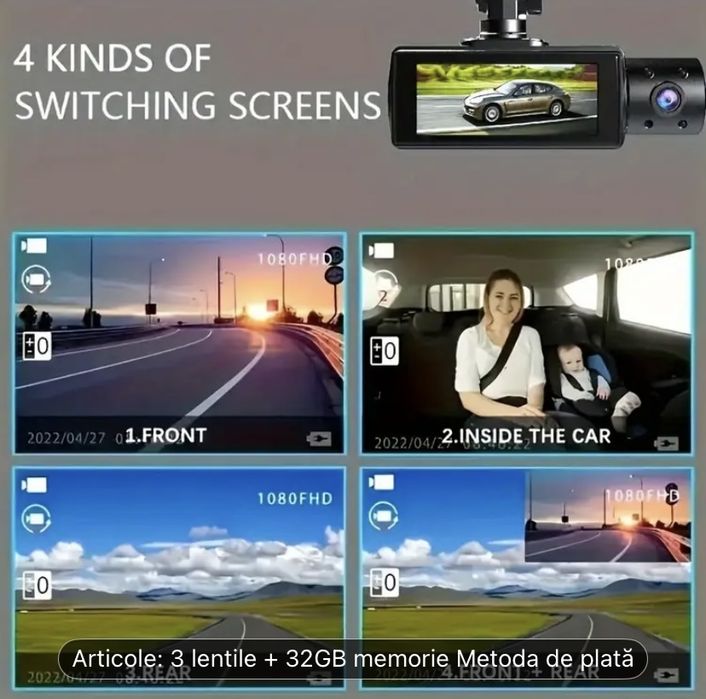 Cameră de bord cu 3 camere Wifi și aplicație + card de 32 GB