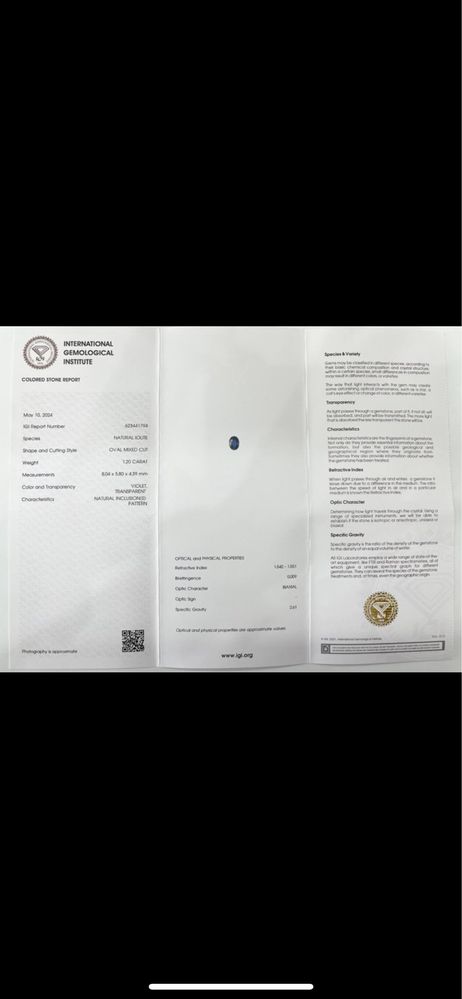 Iolit albastru violet 1.20 ct certificare IgI