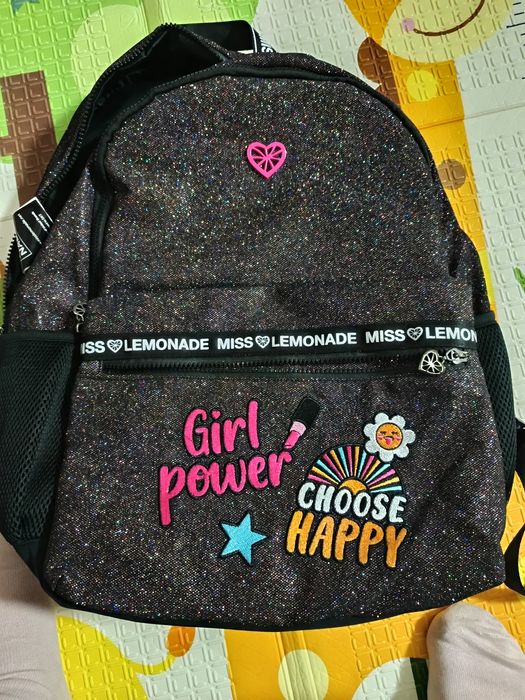 Ghiozdan Negru Girl Power Glitter - Miss Lemonade