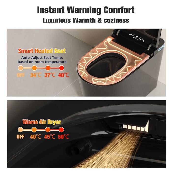 Мултифункционална черна смарт тоалетна с биде, подгрев, сушене, масаж