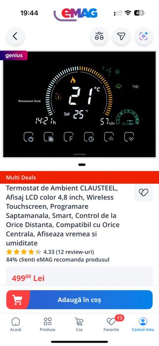 Termostat WiFi Negru, LCD 4.8 inch, Touchscreen, Smart