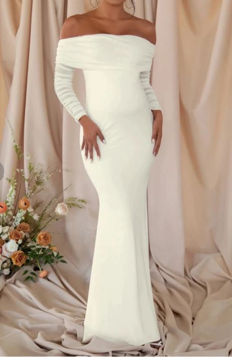 Club London Rochie albă lungă maternitate gravide bardot