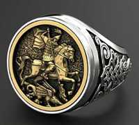 Нов сребърен пръстен с позлата-Свети Георги 925