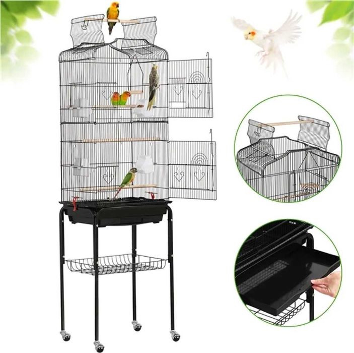 Colivie XXL pasari pe roti, 4 hranitoare, tavita sertar | 591825 Black