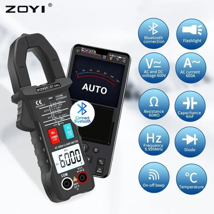 Токоизмерительные клещи ZOYI ZT-5BQ, Bluetooth, мультиметр