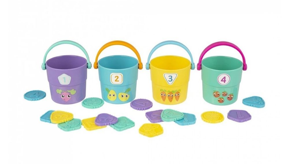 Активна играчка за броене и сортиране Playgro - Кофички с жетони 12М+