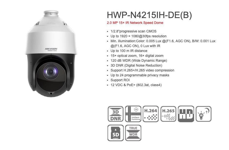 Camera Speed Dome IP Hikvision HWP-N4215IH-DE IR100m+ suport de perete