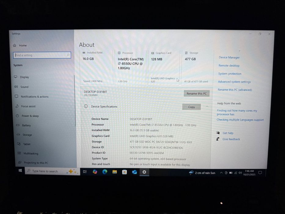 Laptop Lenovo T490s , T480s i7-8550U 16Gb DDR4 SSD 512Gb