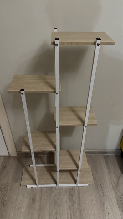 Поставка за цветя, метална, бяла, с 6 дървени рафта, 113 x 60 x 20 cm