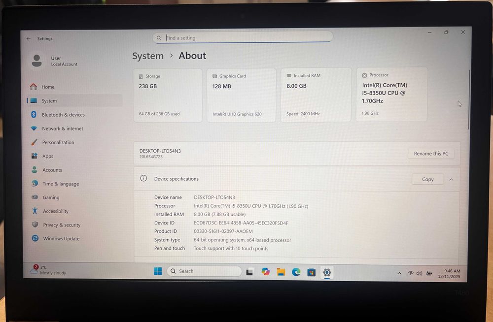 Lenovo ThinkPad T480, reconditionat (i5, 8 GB RAM, 256 GB M.2, TOUCH)