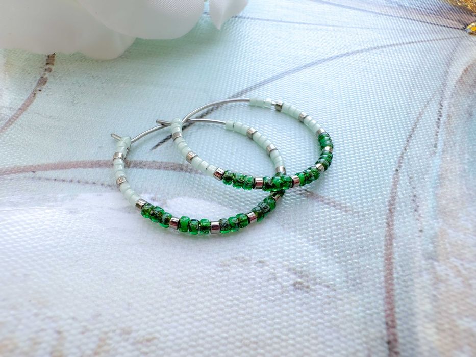 Ръчно изработени обеци халки - Неръждаема стомана и Японски мъниста