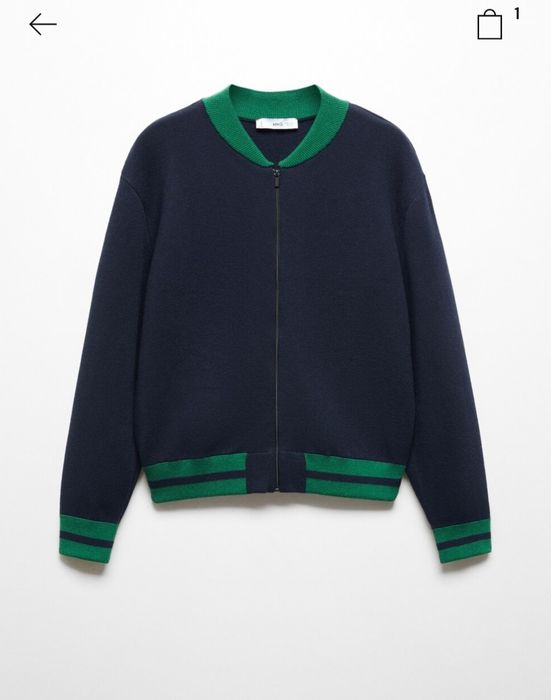 Бомбър жилетка Мразмер MANGO плетиво суитшърт яке тъмносин зелен цип