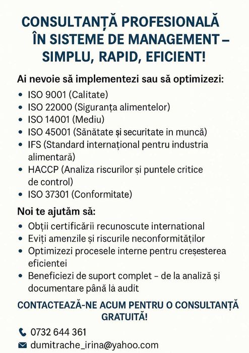 Consultanță ISO, HACCP, IFS v8 – Implementare și Audit