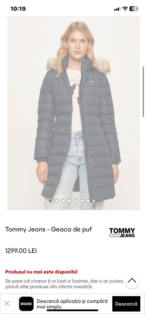 Geaca Tommy Jeans cu puf natural