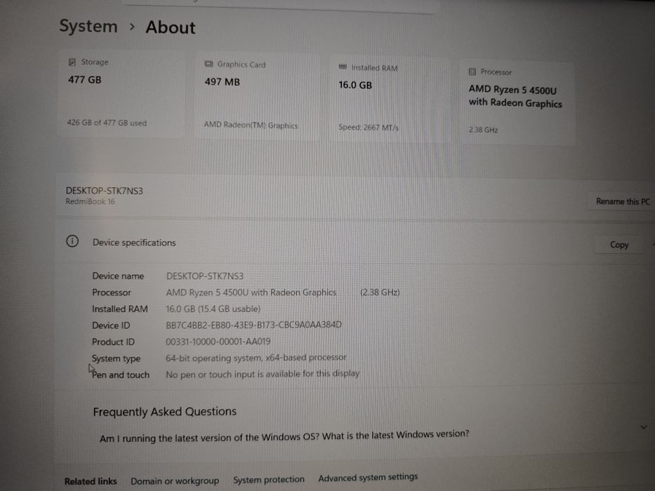 Redmibook 16 Ryzen 5 4500u 16gb ram 500gb ssd