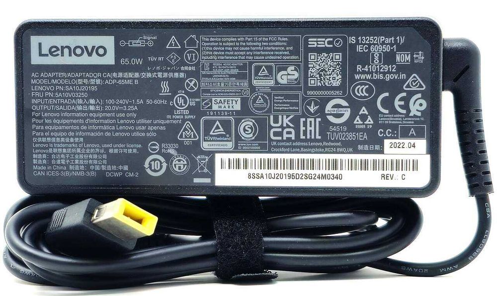 Lenovo 65W AC Adapter, Жълта букса, Оригинално зарядно за лаптоп