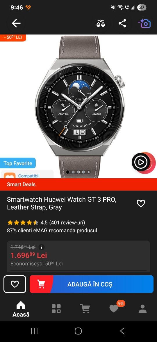 Huawei Watch GT 3 Pro Titanium – 60% mai ieftin decât nou! Super pret