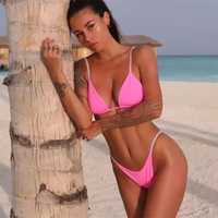 Costum baie C68 Roz Neon Cristale Brazilian Tanga Push Up Pink