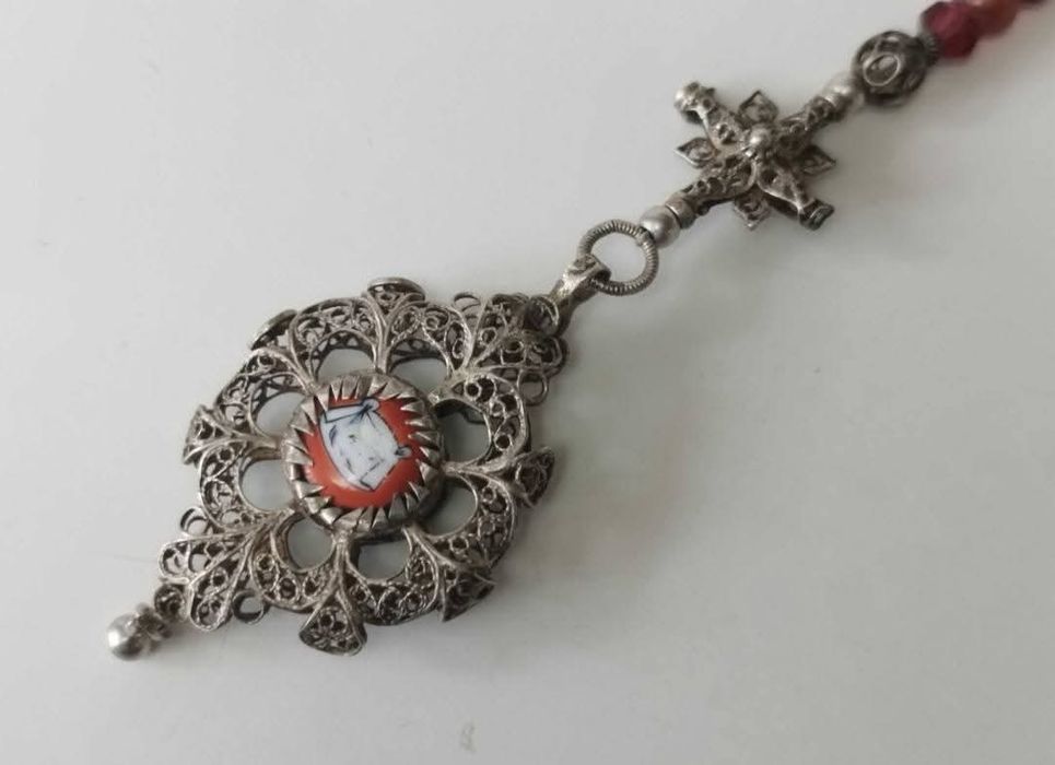 Vechi Rozariu de mana argint filigran cu pietre rosi , antic victorian