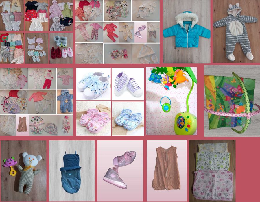 Маркови детски дрешки за бебе момиченце 0-3м. + въртележка, играчки