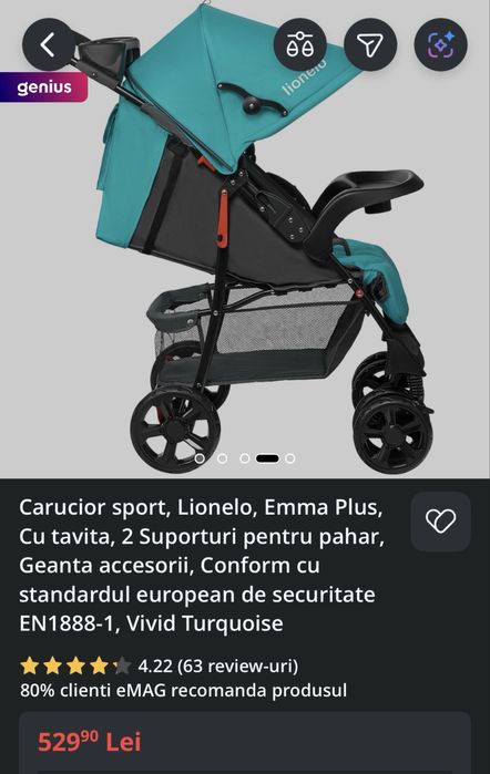 Carucior sport copii Lionelo Emma Plus turcoaz