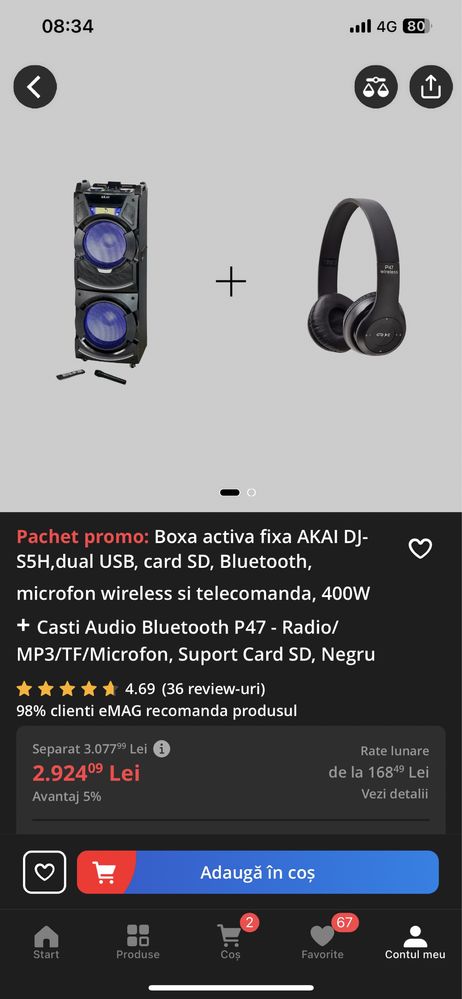 Boxa Akai DJ-S5H 400W, dual USB/SD, Bluetooth, microfon+telecomanda