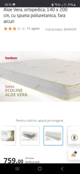 Saltea ortopedica 140/200 cm  Aloe Vera de la Dedeman.