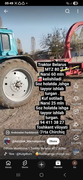 MTZ traktor sotiladi