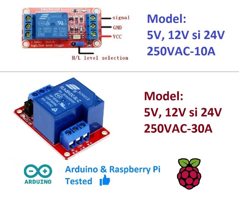 Modul cu 1 releu 5V, 12V si 24V, optocuplor TTL, relee Arduino auto